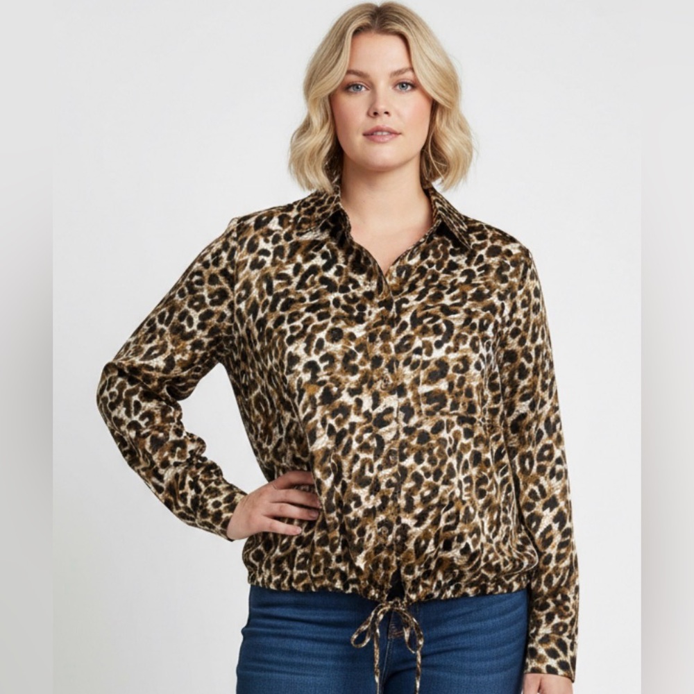 Rebecca Minkoff Top Womens Size‎ 2X Brown Leopard Satin Button Up Sophisticated